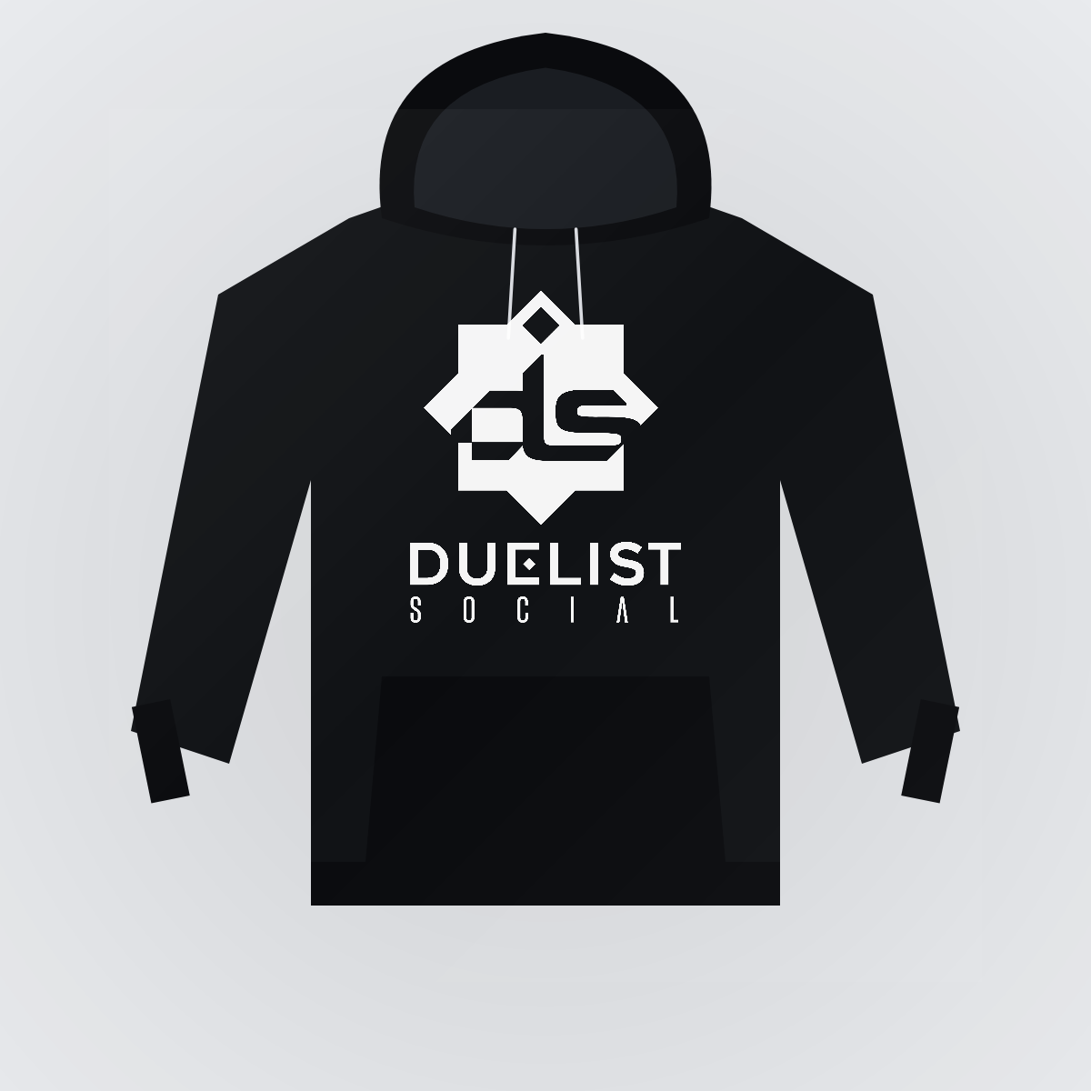 Black unisex pullover hoodie with the white Duelist Social mark printed on the chest