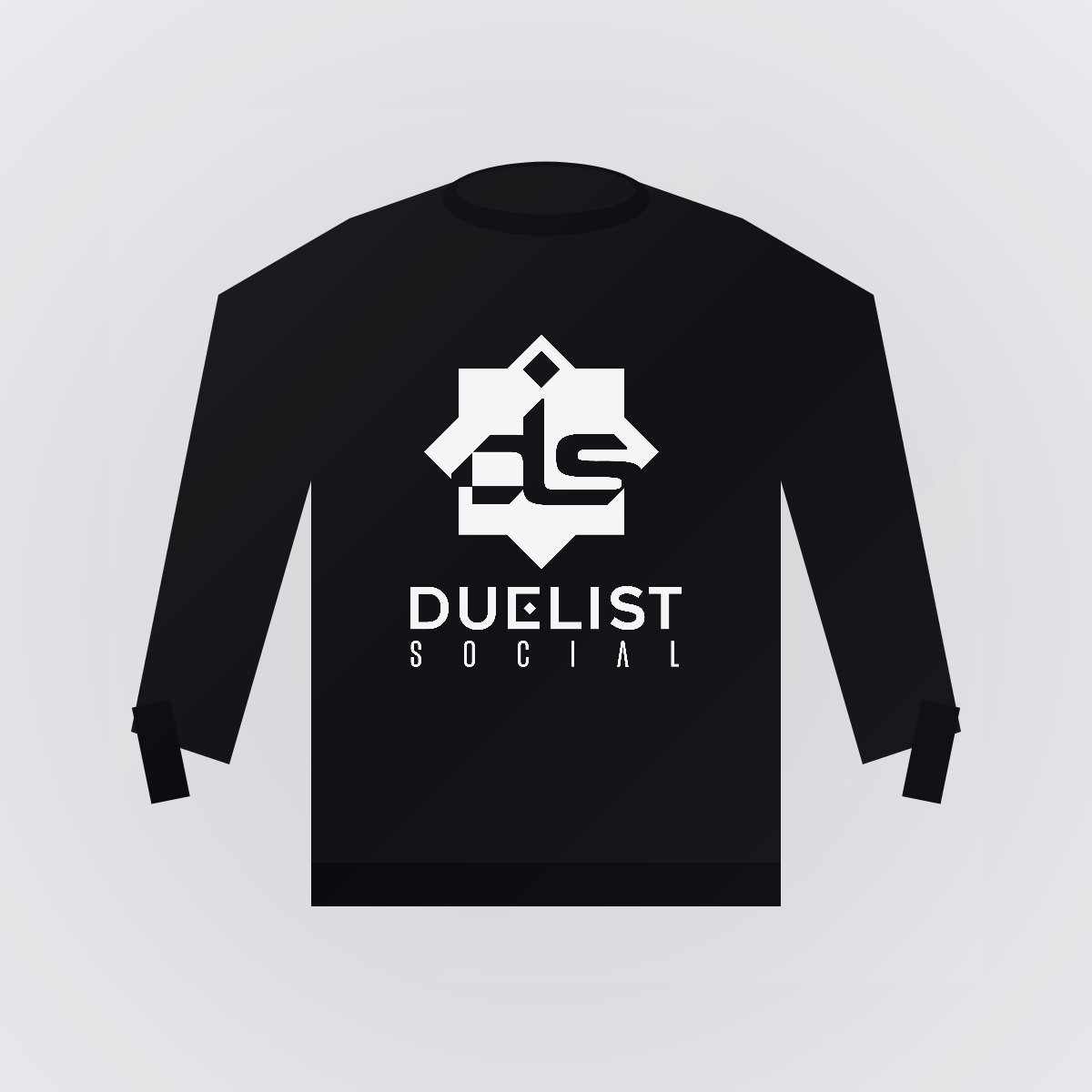 Black unisex crewneck sweatshirt with the white Duelist Social mark printed on the chest