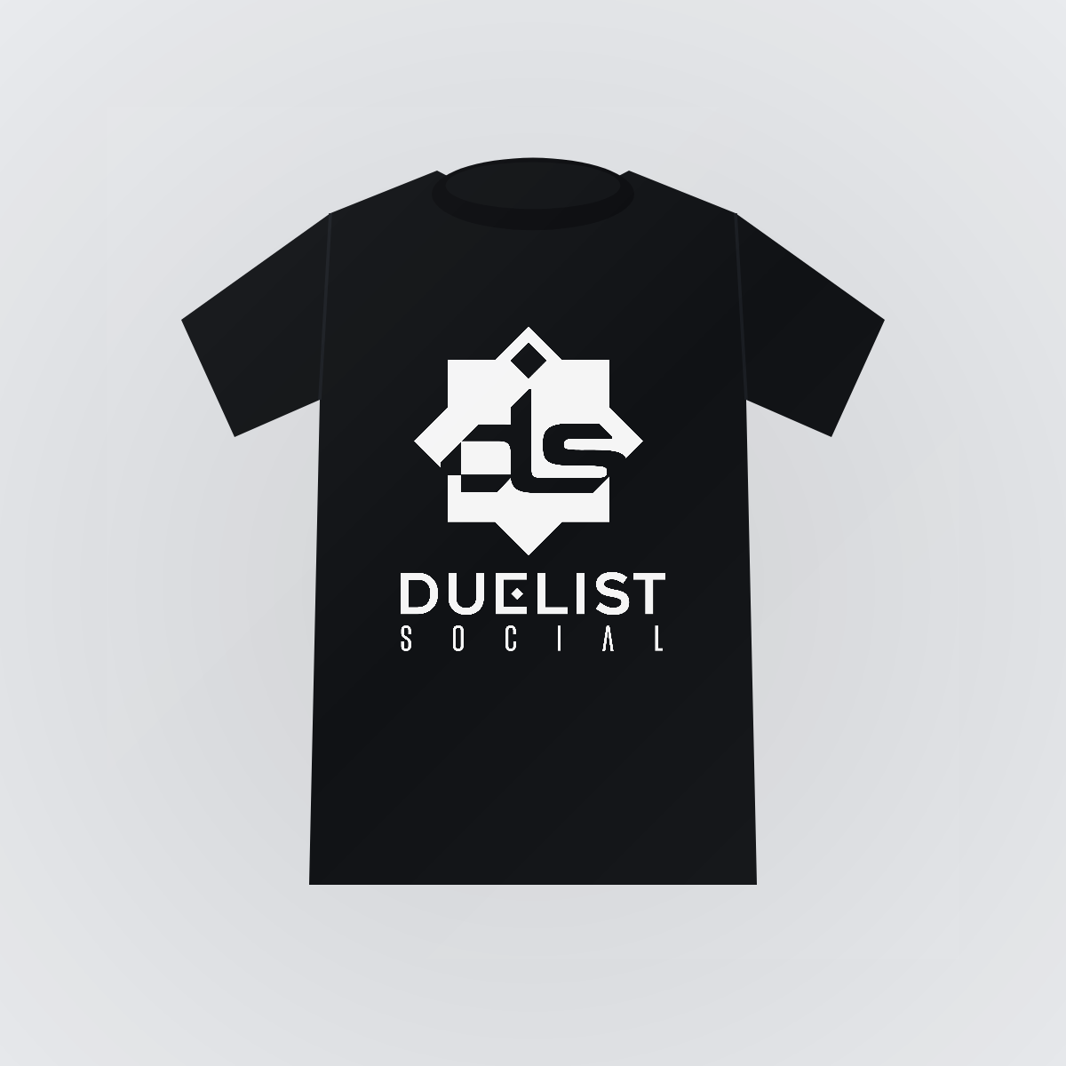 Black unisex t-shirt with the white Duelist Social mark printed on the chest